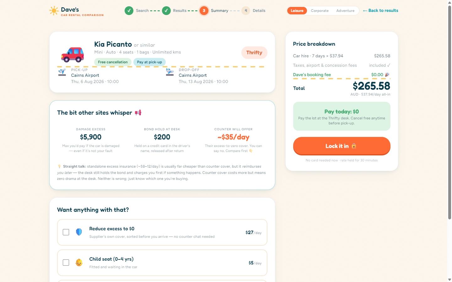 Booking summary
